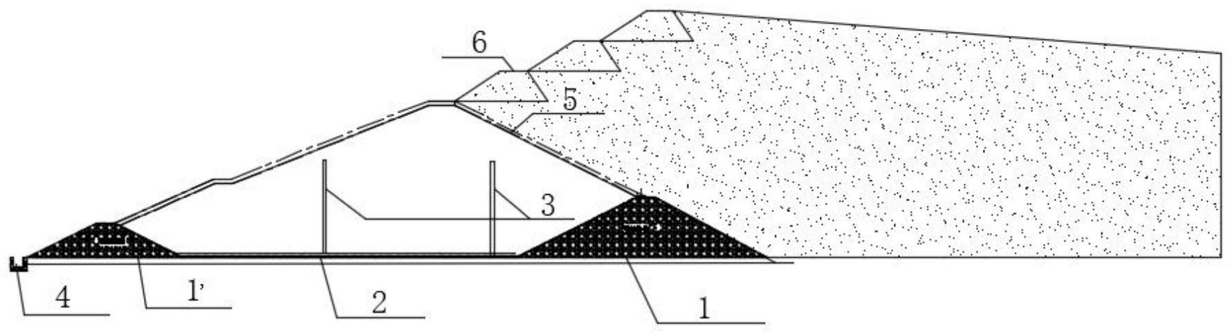 在初期坝上,下游分别设置初期坝上游排渗棱体(1),初期坝下游排渗棱体