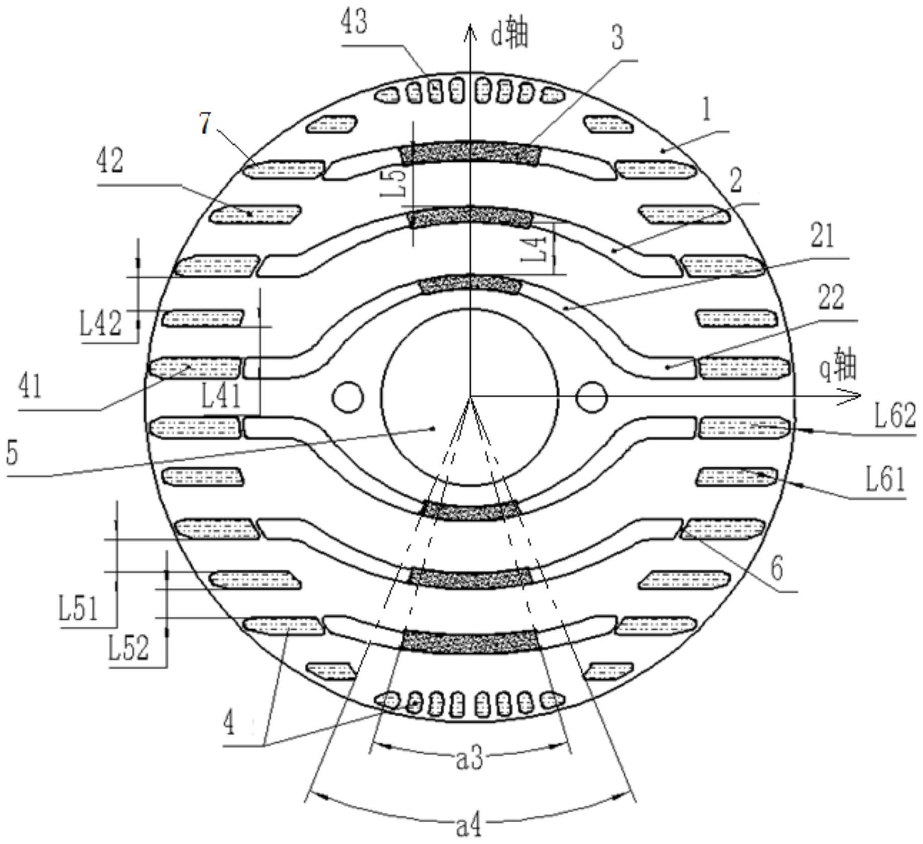 该转子组件包括转子铁芯(1),在转子铁芯(1)的横截面上,转子铁芯(1)