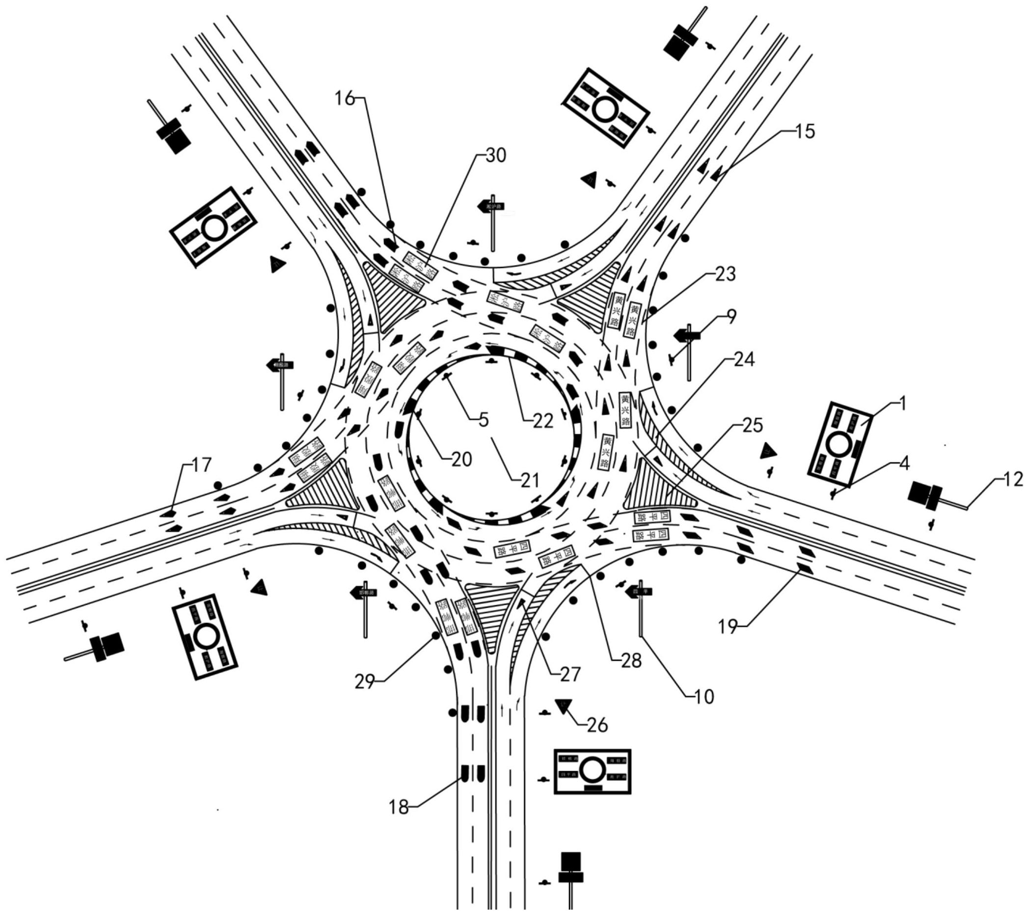 新型五路环形交叉口导向标志包括新型五路环形交叉口预告标志