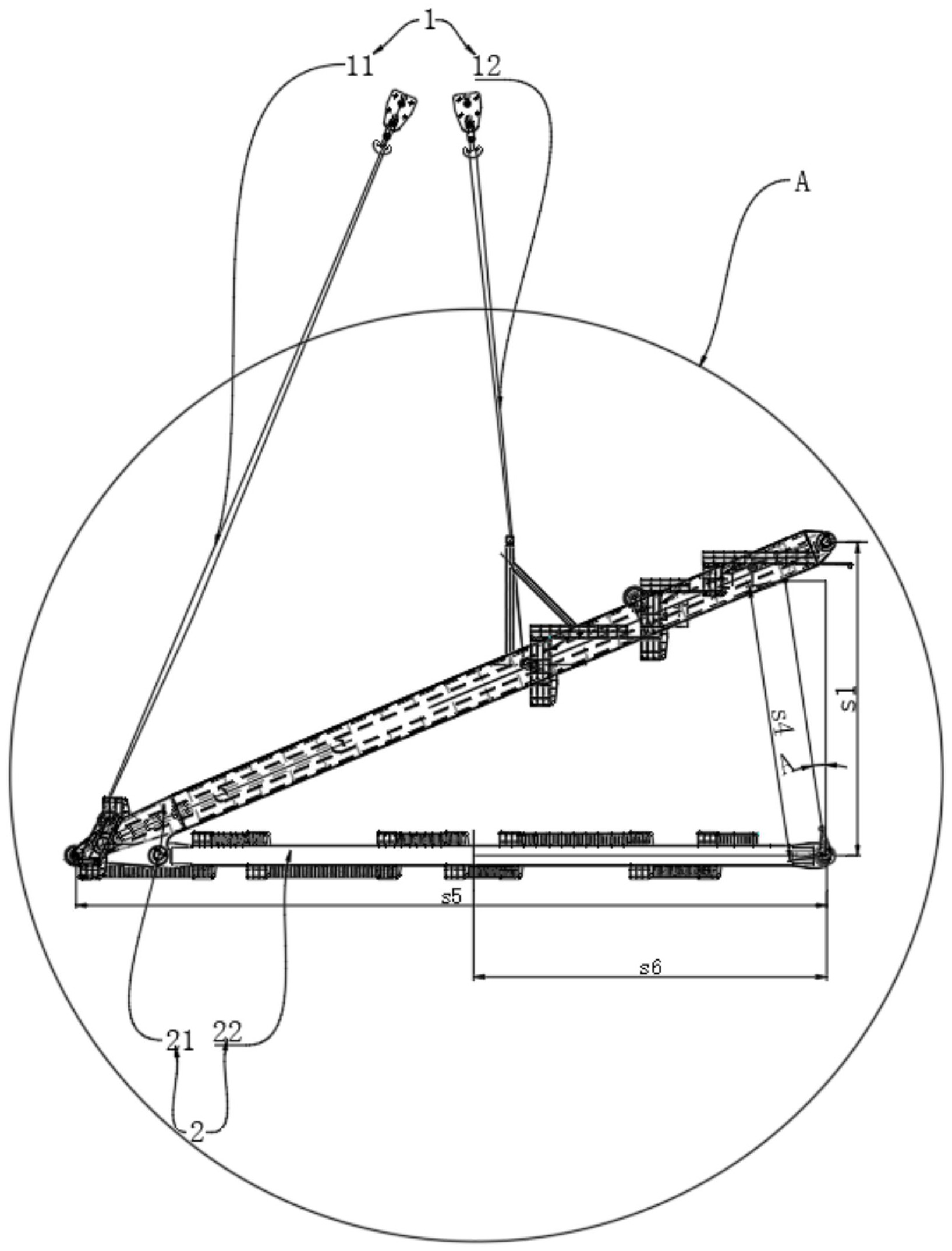 将三角架吊装,所述起重装置包括前吊钩,后吊钩和吊带,具体步骤包括:将