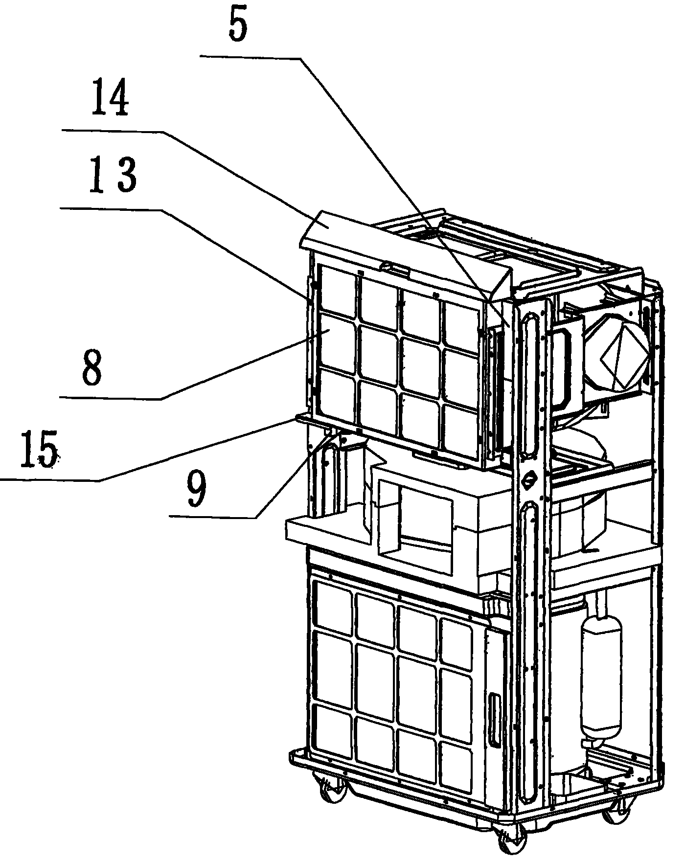 结构是将海帕(8)扣入过滤网(14)组成海帕盒体,再装入移动空调器中蒸发