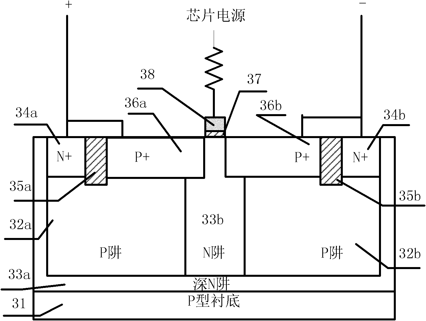 cn102034857b_一種pmos場效應晶體管輔助觸發的雙向可控硅失效