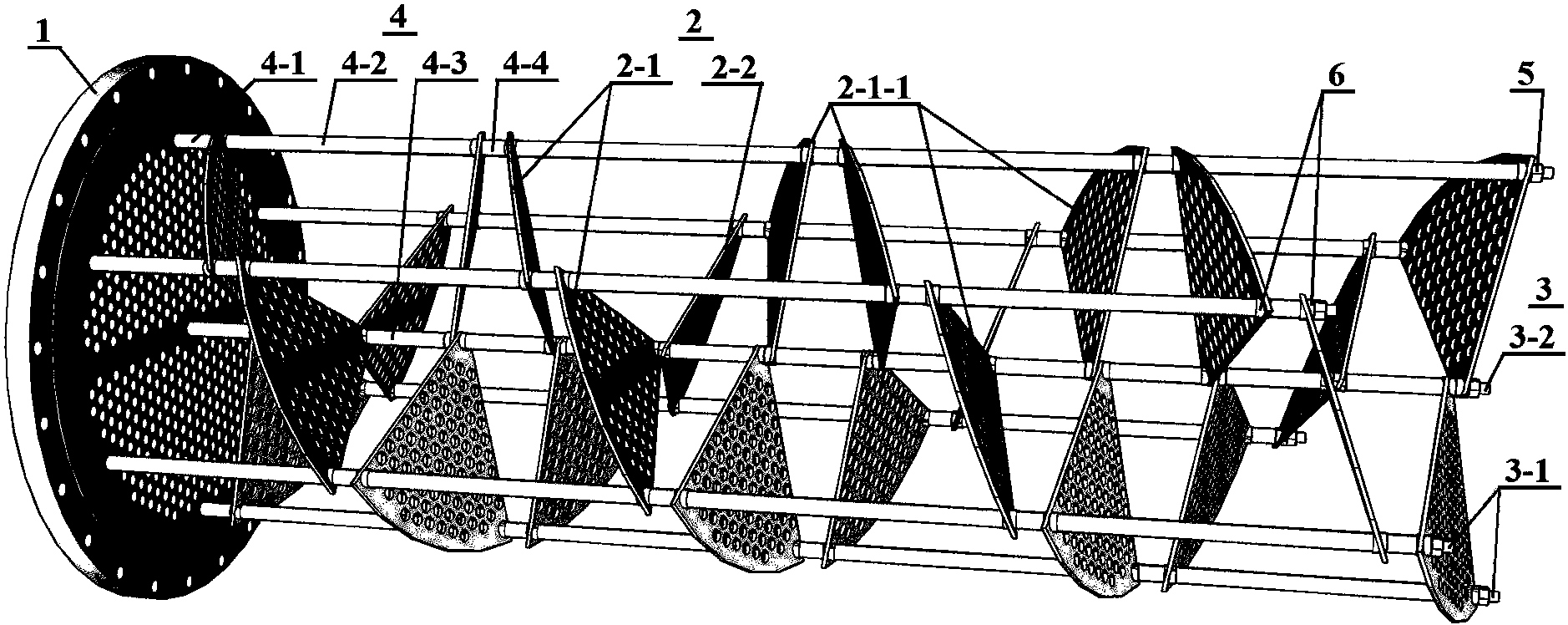 小倾斜角螺旋折流板实现大螺旋导程的折流板支撑方法