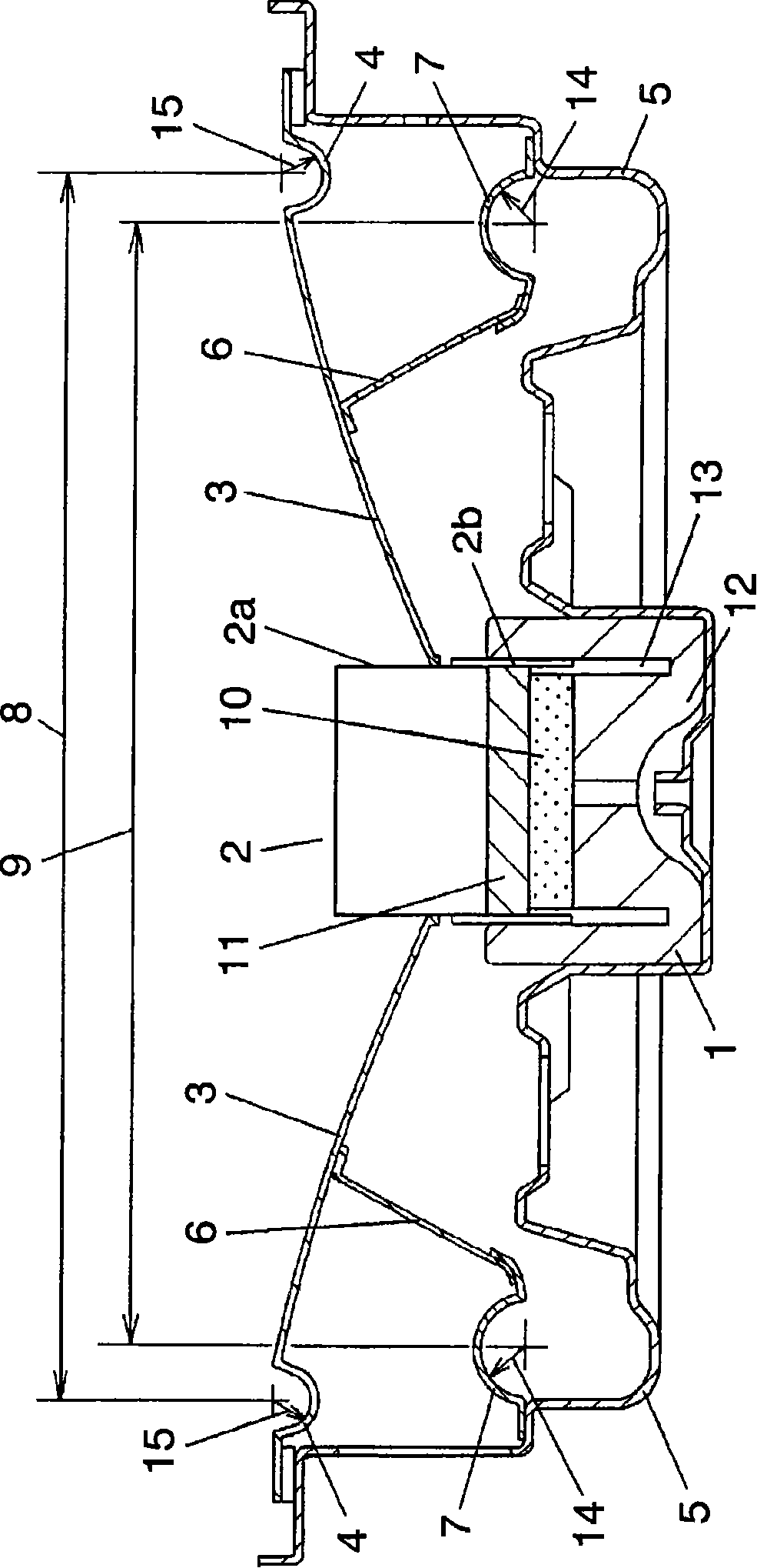 本发明扬声器具有这样的结构,其中,连接到悬挂托架(6)的第二边缘(7)的