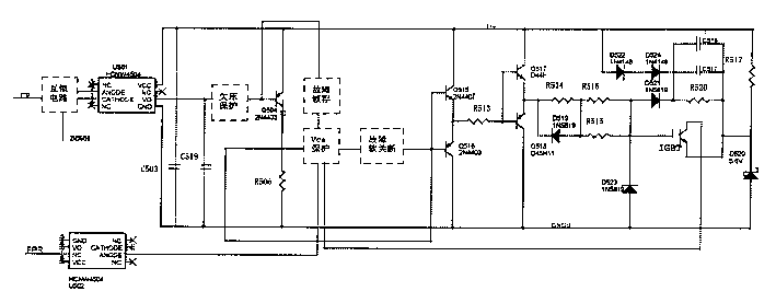 包括:電源;絕緣柵雙極晶體管igbt;一個上下橋驅動信號電路;光耦u501