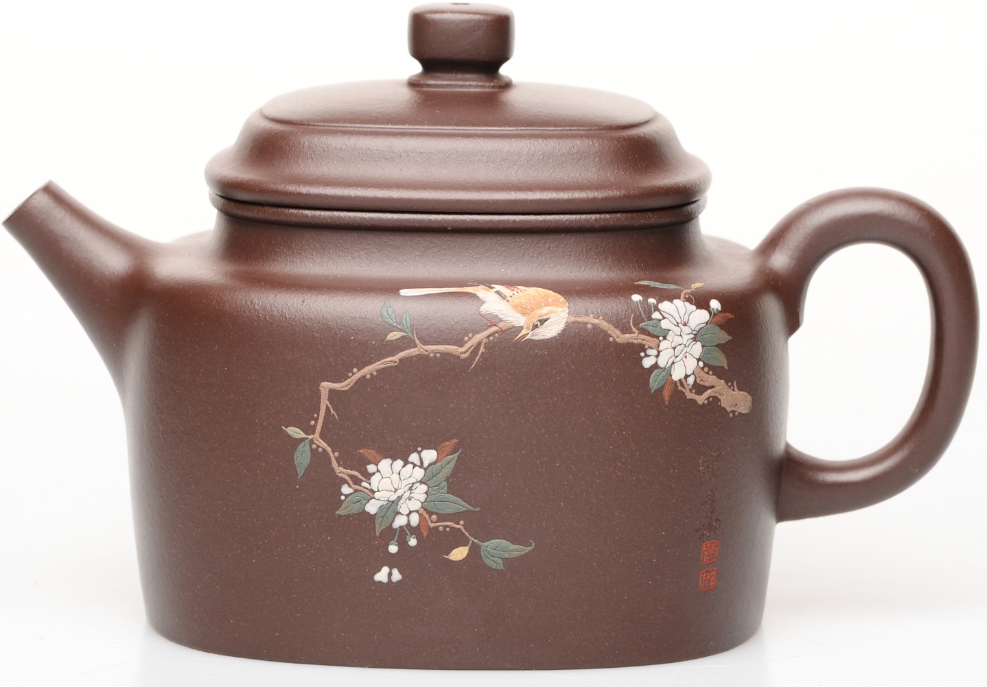 紫砂壶(紫砂工笔泥绘腰圆德钟壶)