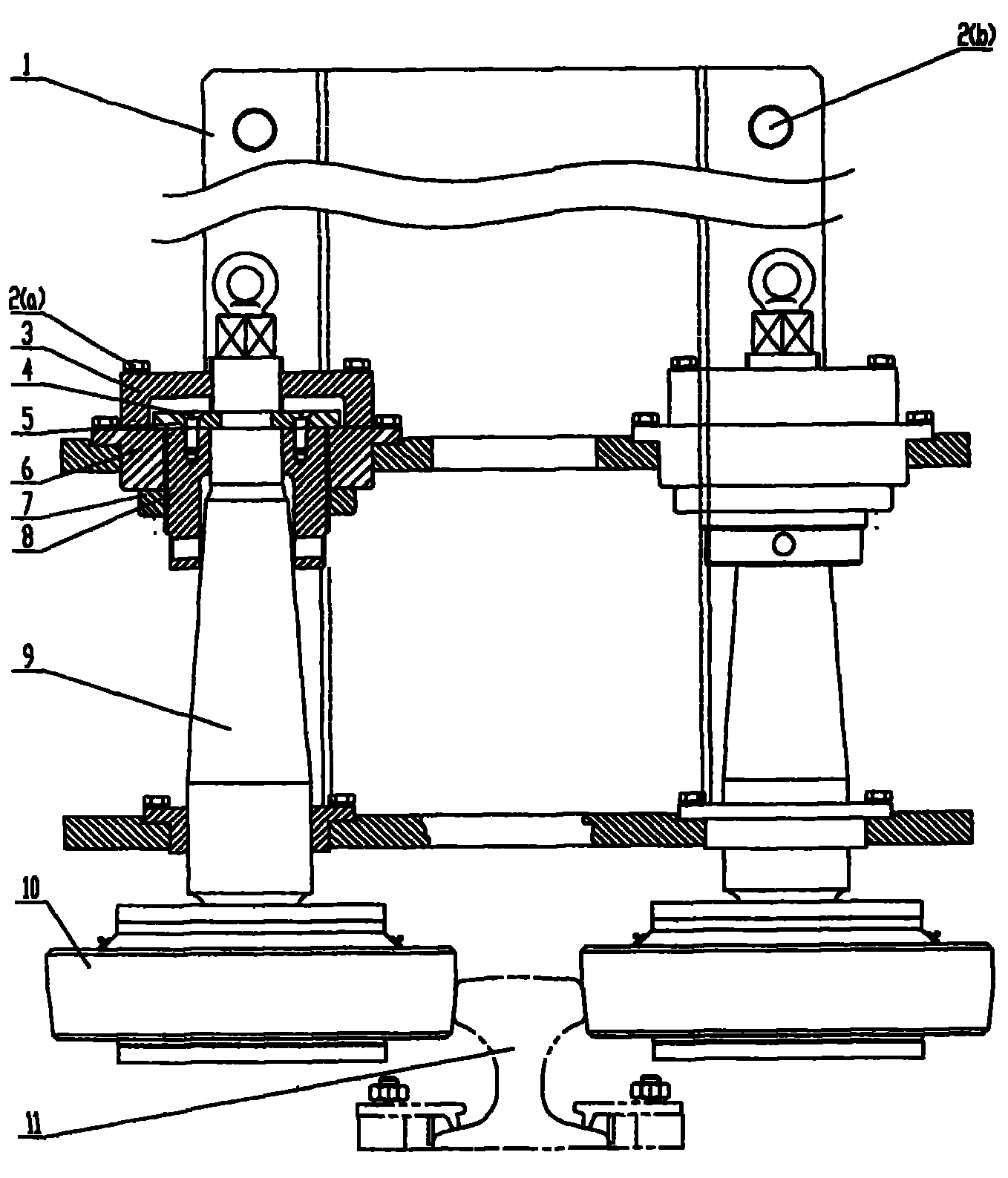 本实用新型的任务是提出一种可以垂直调整导向轮高低的起重机导向装置