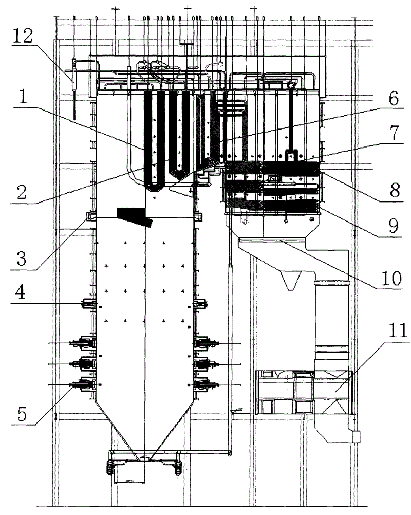 锅炉,它包括单炉膛和烟道,炉膛下部为内螺纹管的螺旋管圈水冷壁结构