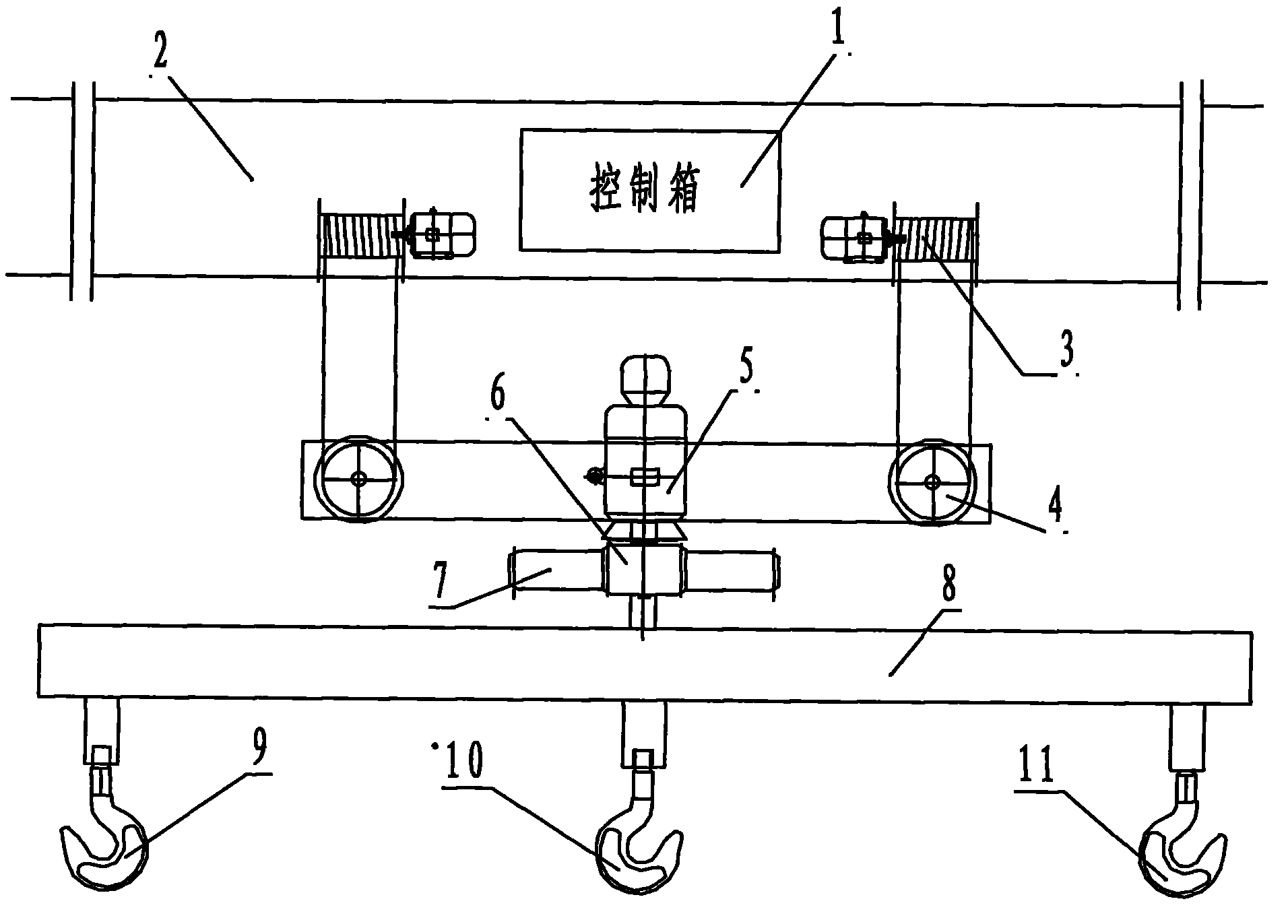 本實用新型涉及一種遠程遙控行吊,由電器控制箱,走臺,起升絲筒,車輪