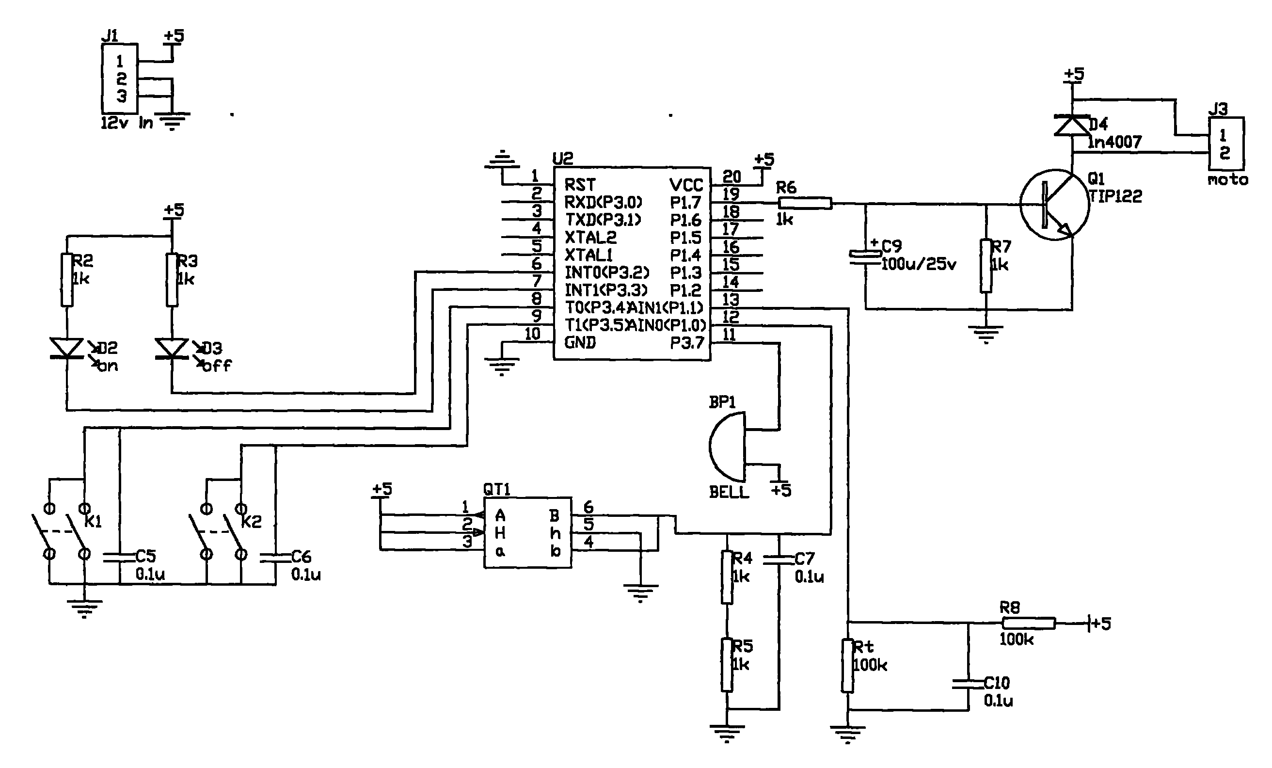 qt1,其19腳通過三極管q1連接電磁閥j3,其6腳連接電源指示二極管d3,其7