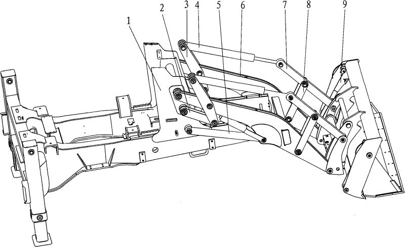 实用新型公开了一种装载机正转八连杆工作装置机构,它包括车架,上拉杆