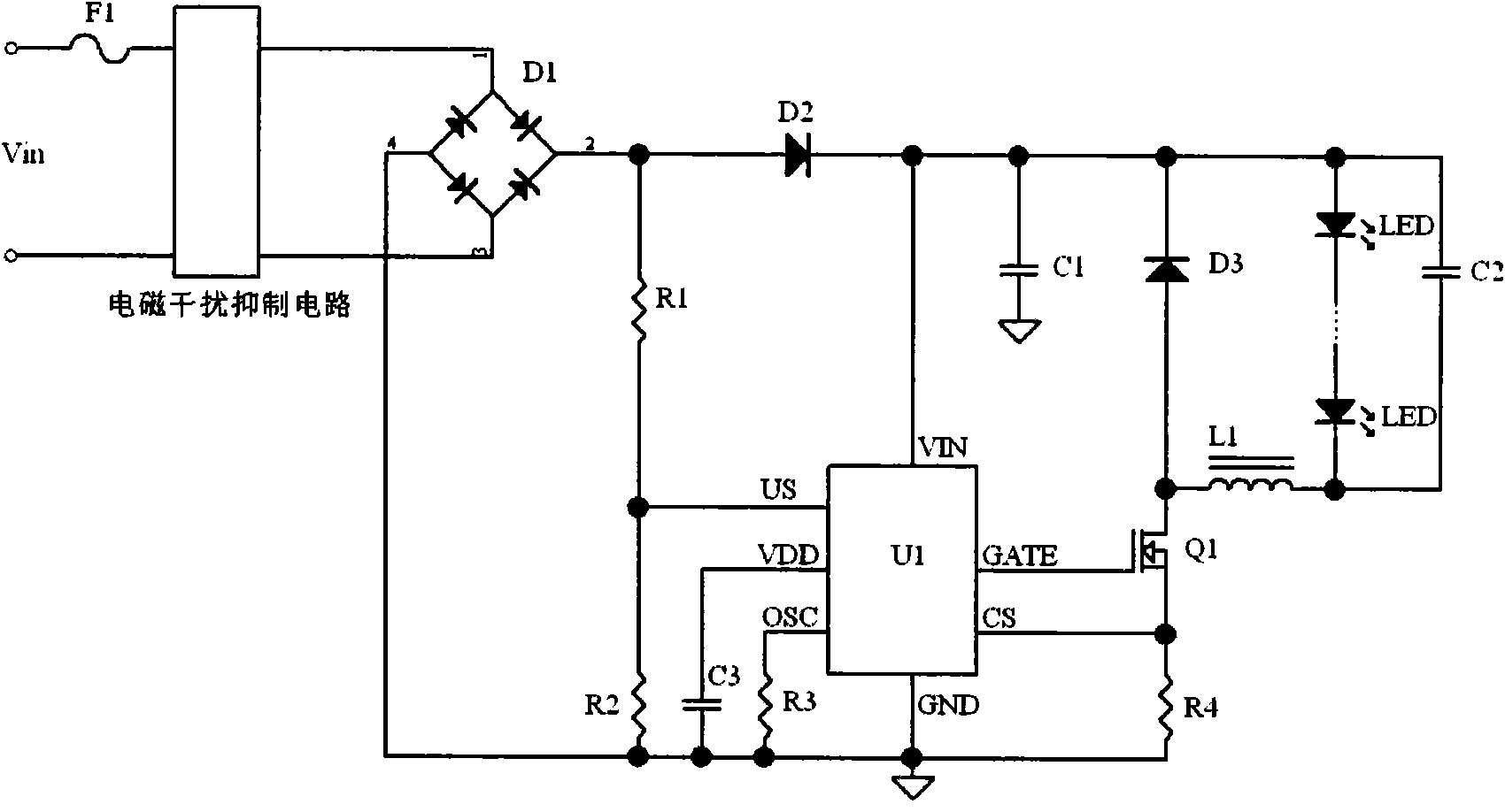 一种无电解电容的功率因数自校正led电路