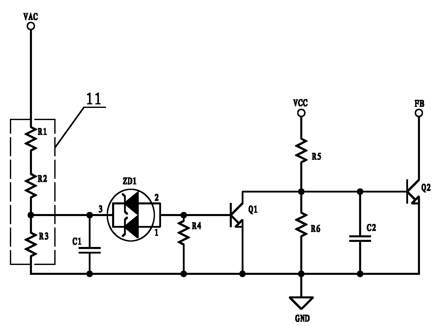 r5,r6,電容c1,c2,穩壓管zd1,三極管q1,q2,檢測單元電路