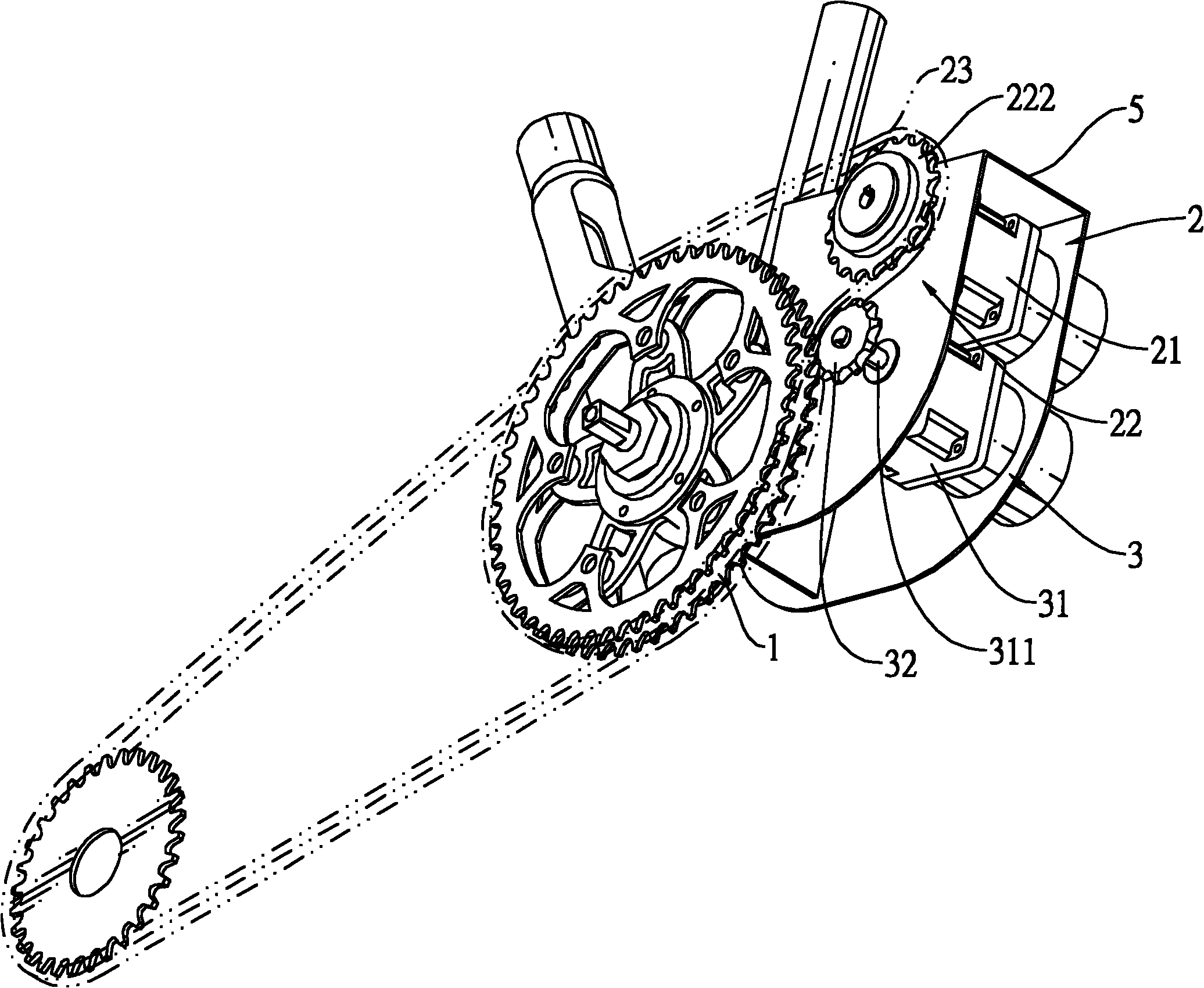 自行车连接脚踏板的一转轴上的大链轮,一电力驱动装置及一发电机装置