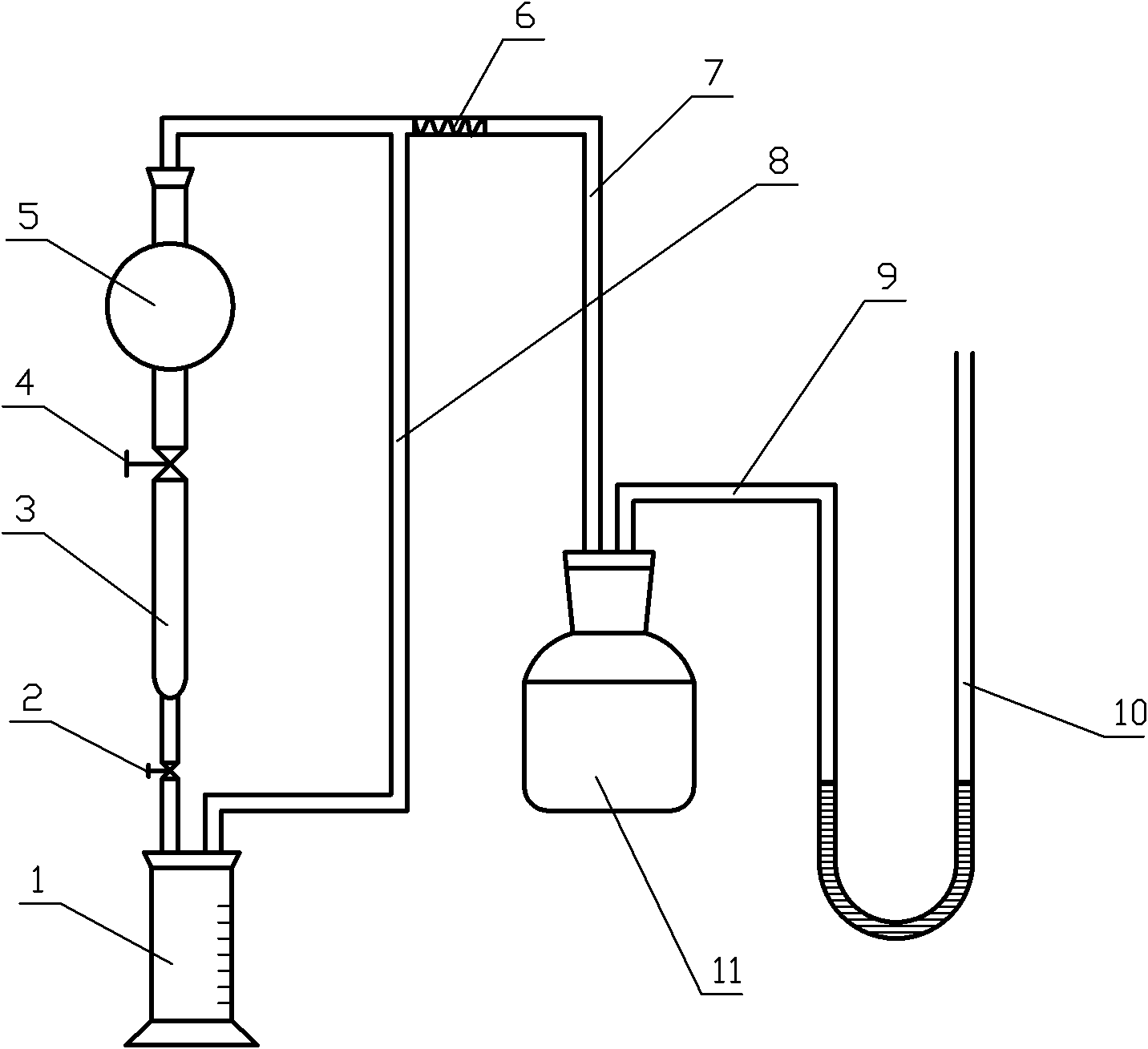 由上向下依次串接有球形容量瓶[5],上考克阀[4],吸附柱[3],下考克阀[2