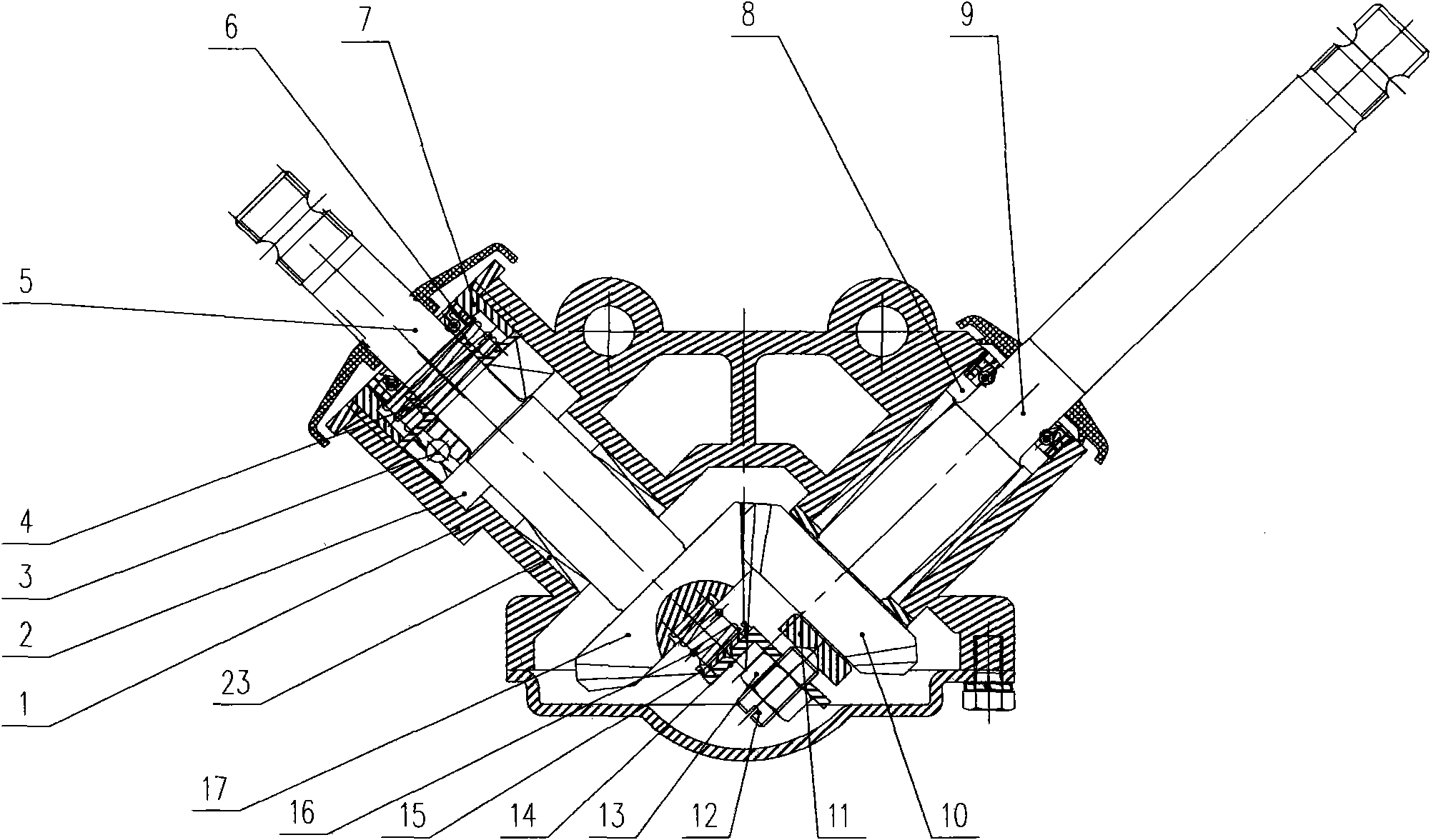 锥齿轮转向器装置,属于汽车转向器的技术领域,包括分别安装在壳体的第