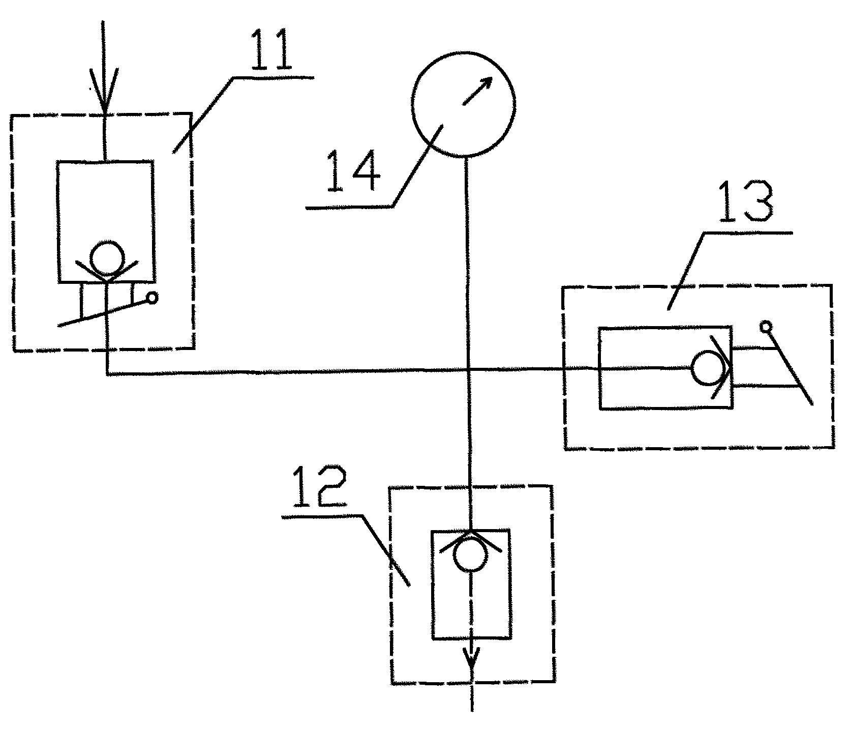 三用閥(12)設置為與液壓支柱連通,單向閥(11)設置為與三用閥(12)連通