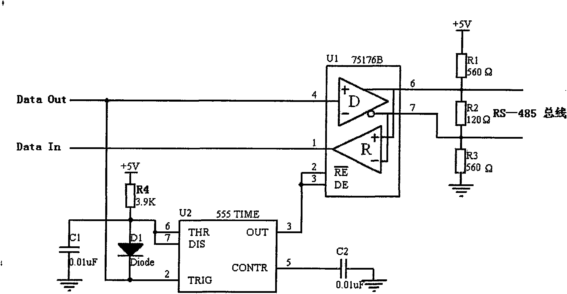 本实用新型公开了一种rs-485收发自动转换电路,包括由rs-485芯片u1