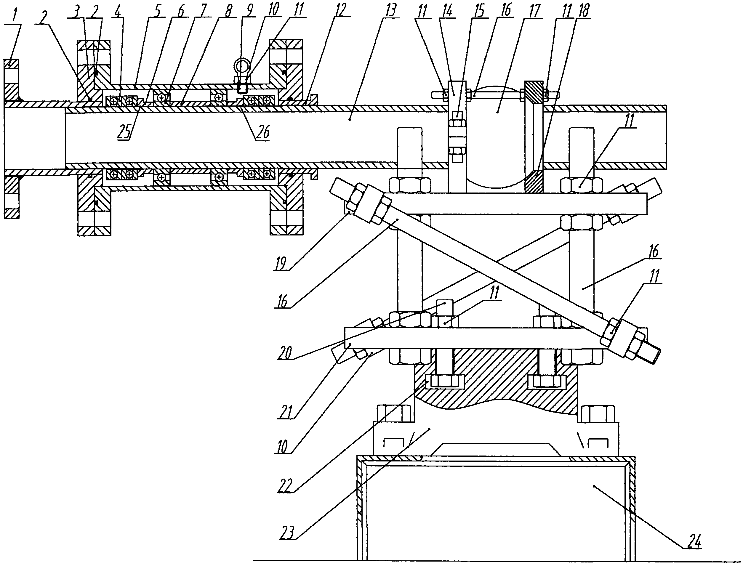 包括由空心轴,轴承套筒挡圈,轴承套筒,轴承,轴承盖,球铰链和限位支撑