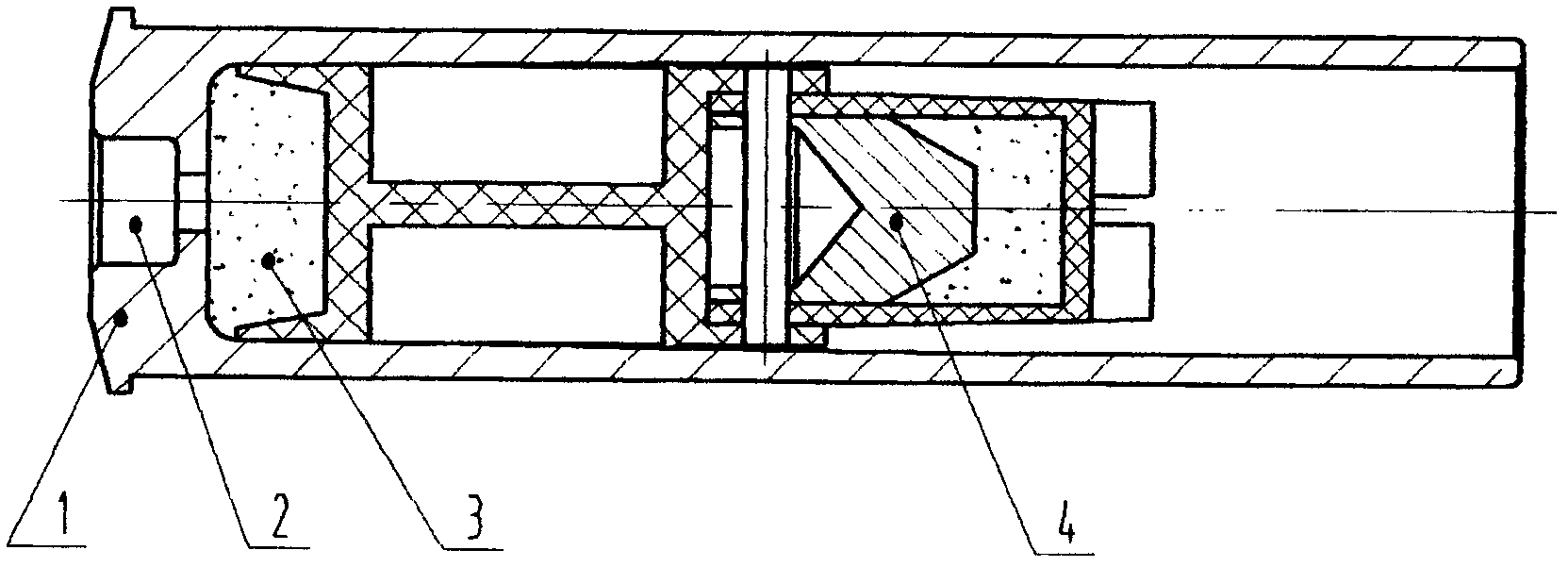 本实用新型是一种小口径的催泪弹,主要用于防暴领域,其结构包括弹壳