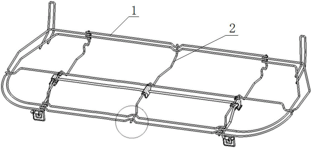 横向钢丝(1)和纵向钢丝(2)形成座椅的支撑骨架,且横向钢丝(1)形成封闭