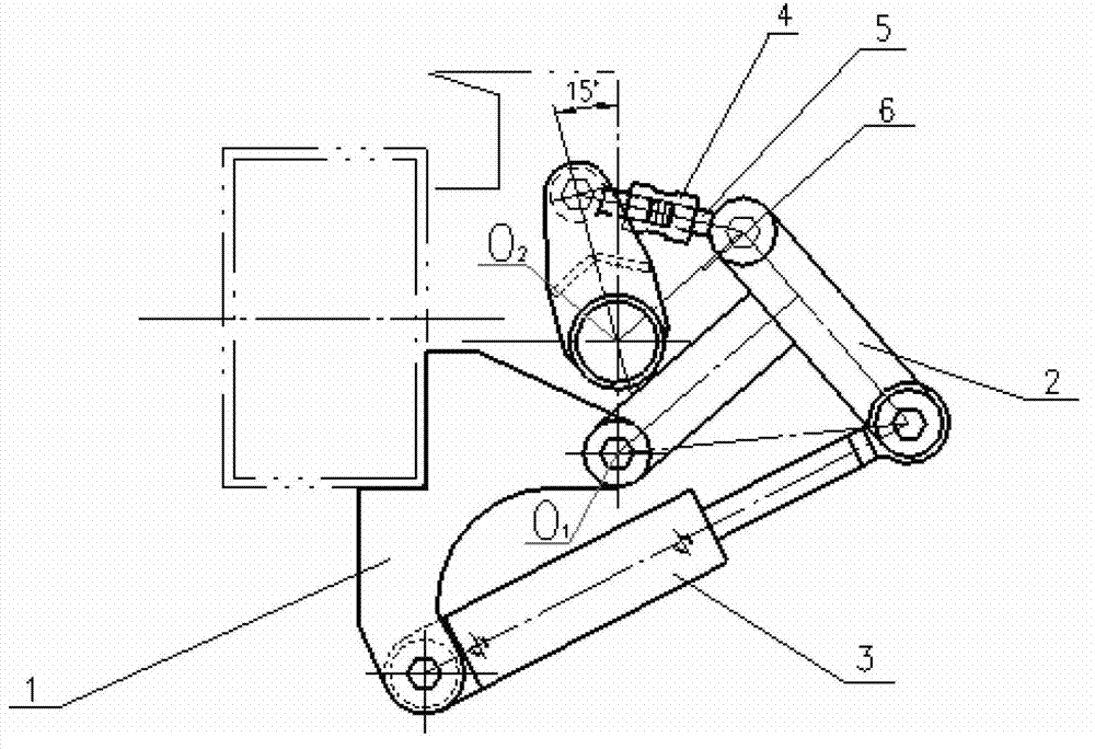 连接液压油缸,还连接钻机夹持卸扣器的旋转摆臂,液压油缸推动连杆机构