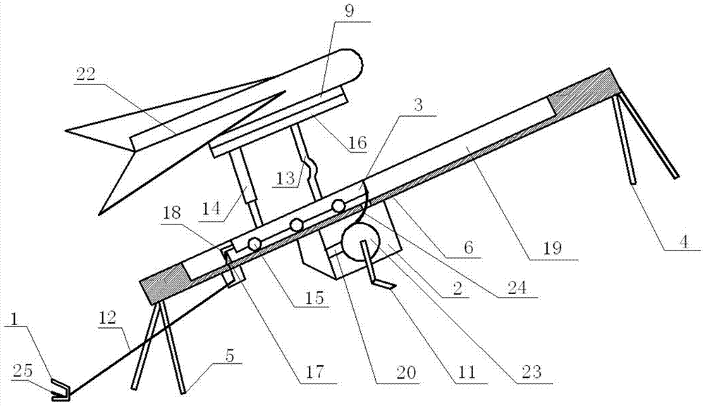本实用新型涉及一种小型无人机弹射器,包括脚踩发射器(1),弹力预紧器