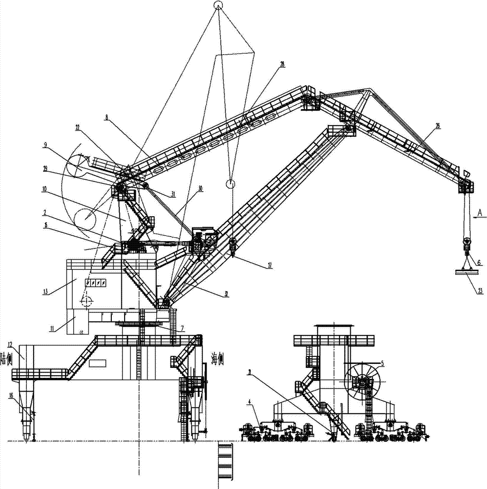 本实用新型公开了多功能多用途门座式起重机,包括机构运行系统,钢结构