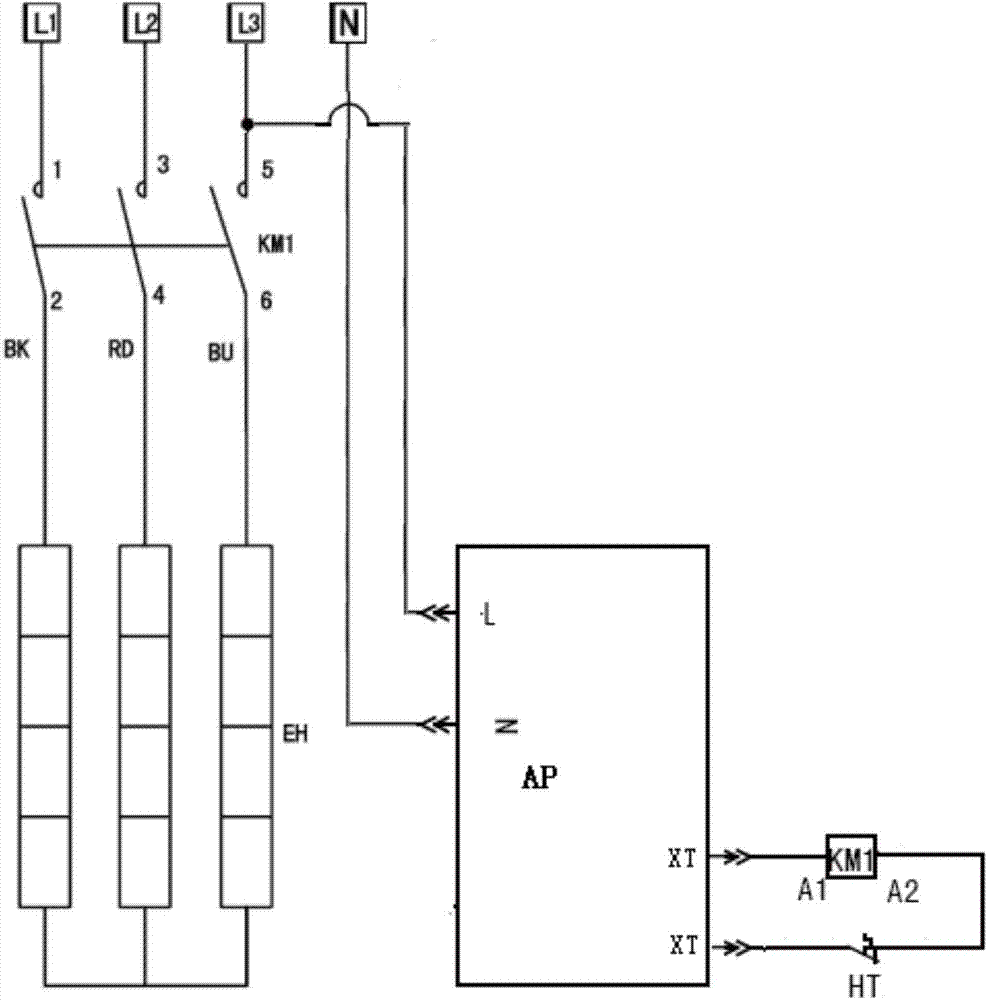 該三相電加熱器保護裝置包括三極交流接觸器和控制電路,三極交流接觸