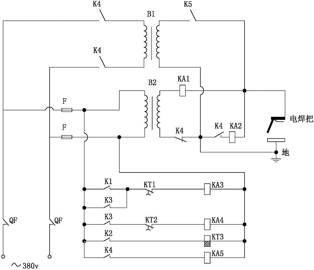 特指一種電焊機觸電保護裝置,電源線依次串聯qf漏電斷路器,k4開關後與