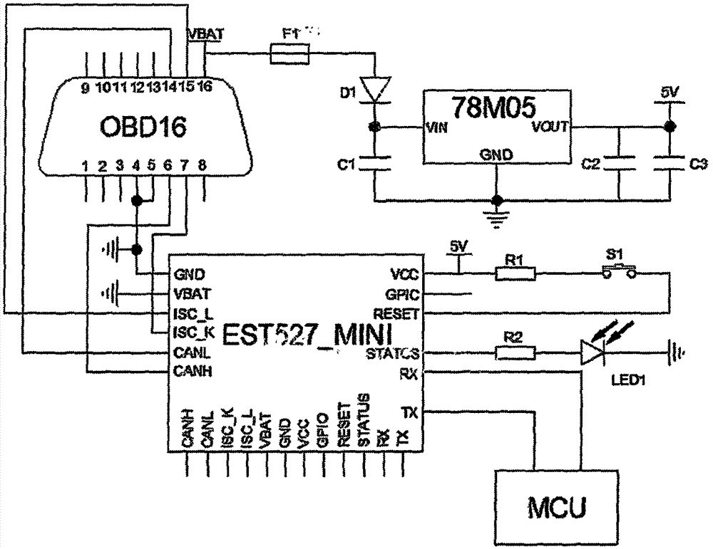 obd16接口的16引腳通過保險絲f1接二極管d1,二極管d1接78m05芯片的vin