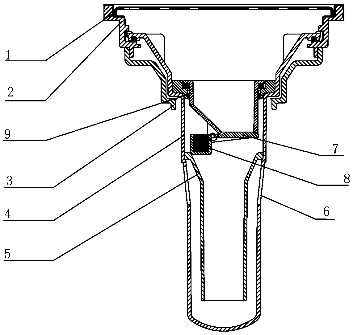 机械密封装置设置在水封式地漏的水封内室上端,形成第一级密封结构