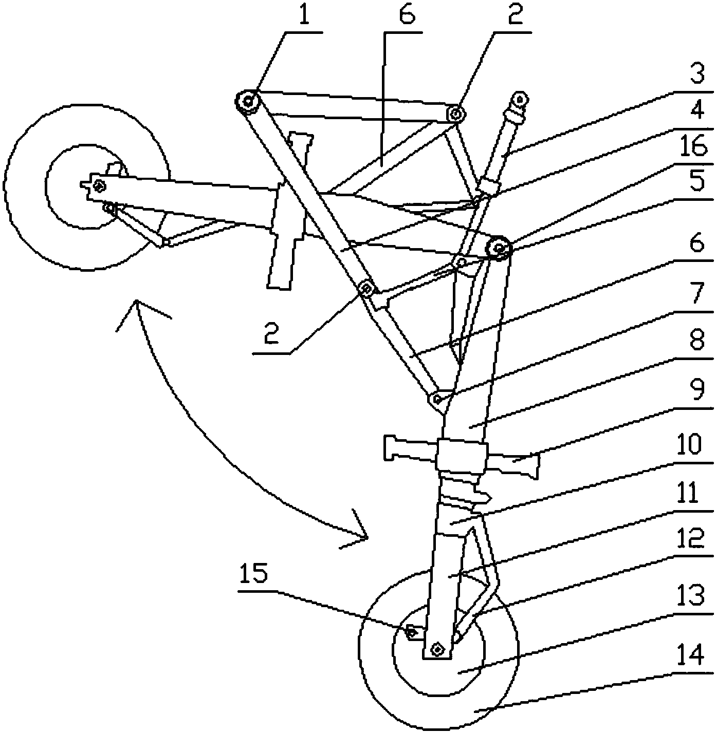 起落架,上支架上端通过固定轴连接机体,上支架下端通过套筒连接下支架