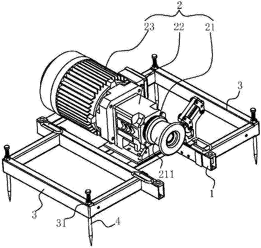 連接有滑移架,滑移架遠離機體的邊部連接有用於鑽入地面以固定的地釘