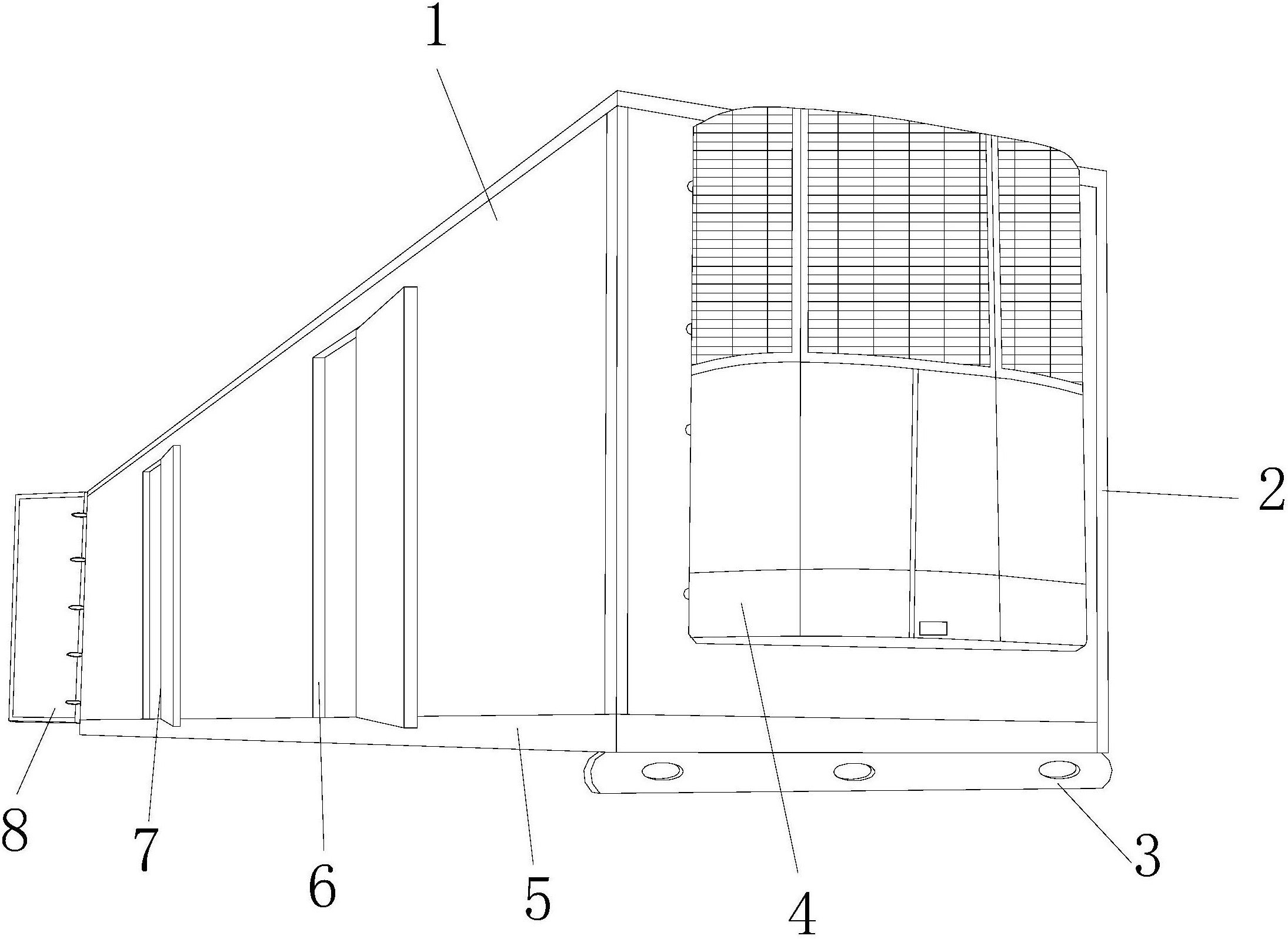 其结构包括集装箱体,铝质边梁,连接挂板,独立式外挂冷藏机,加厚底板