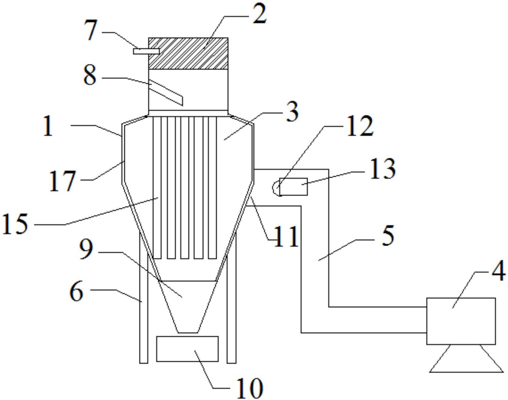 本实用新型公开了一种炭黑加工用袋滤器,包括箱体,进料管,滤袋,风机和