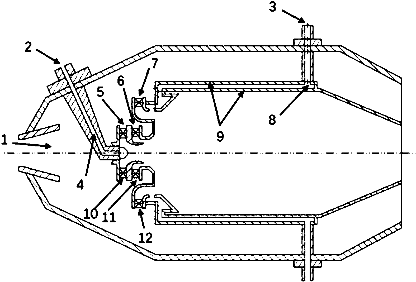 cn207648850u_一种燃油冷却火焰筒壁面的分级燃烧装置有效