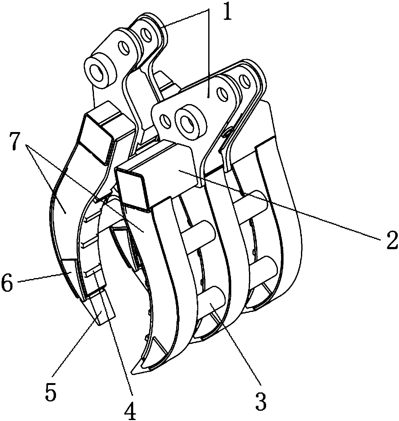 一种工程机械抓手,主要由两爪结构体和三爪结构体组成,两爪结构体和三