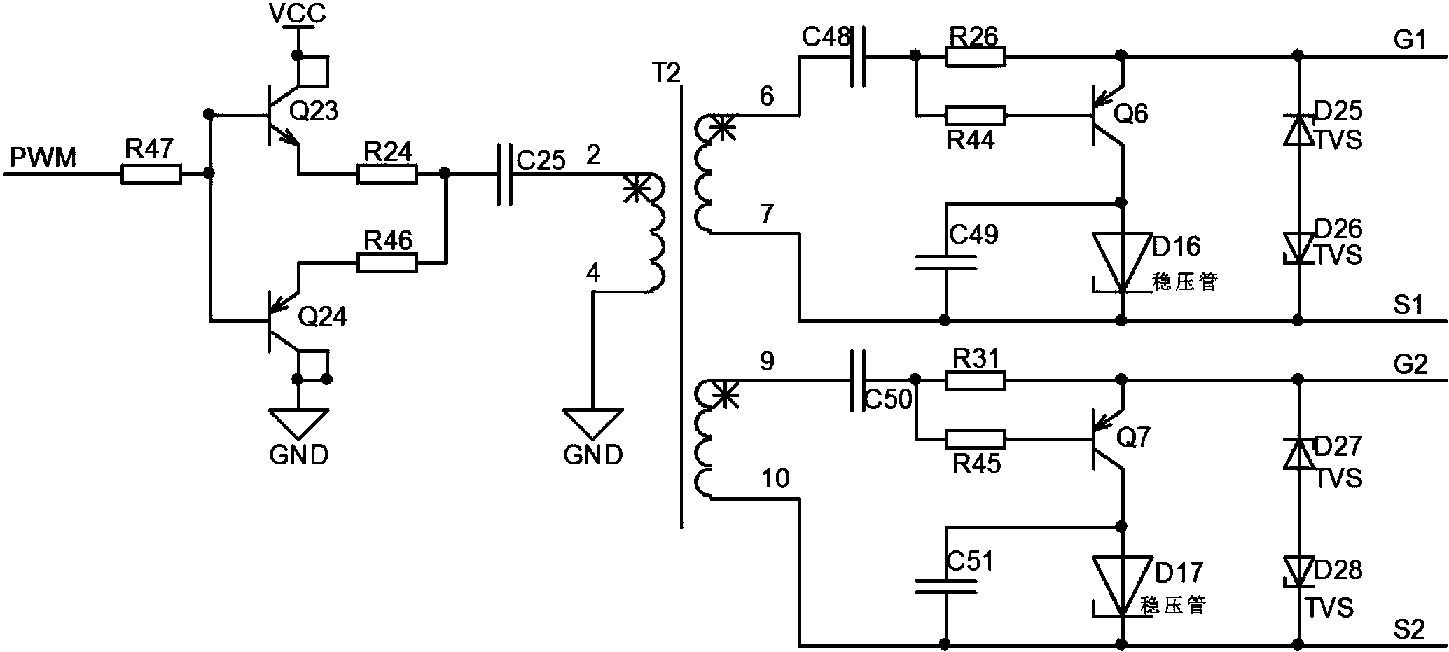 包括驅動變壓器t2及與驅動變壓器原邊相連的推輓電路和與驅動變壓器副