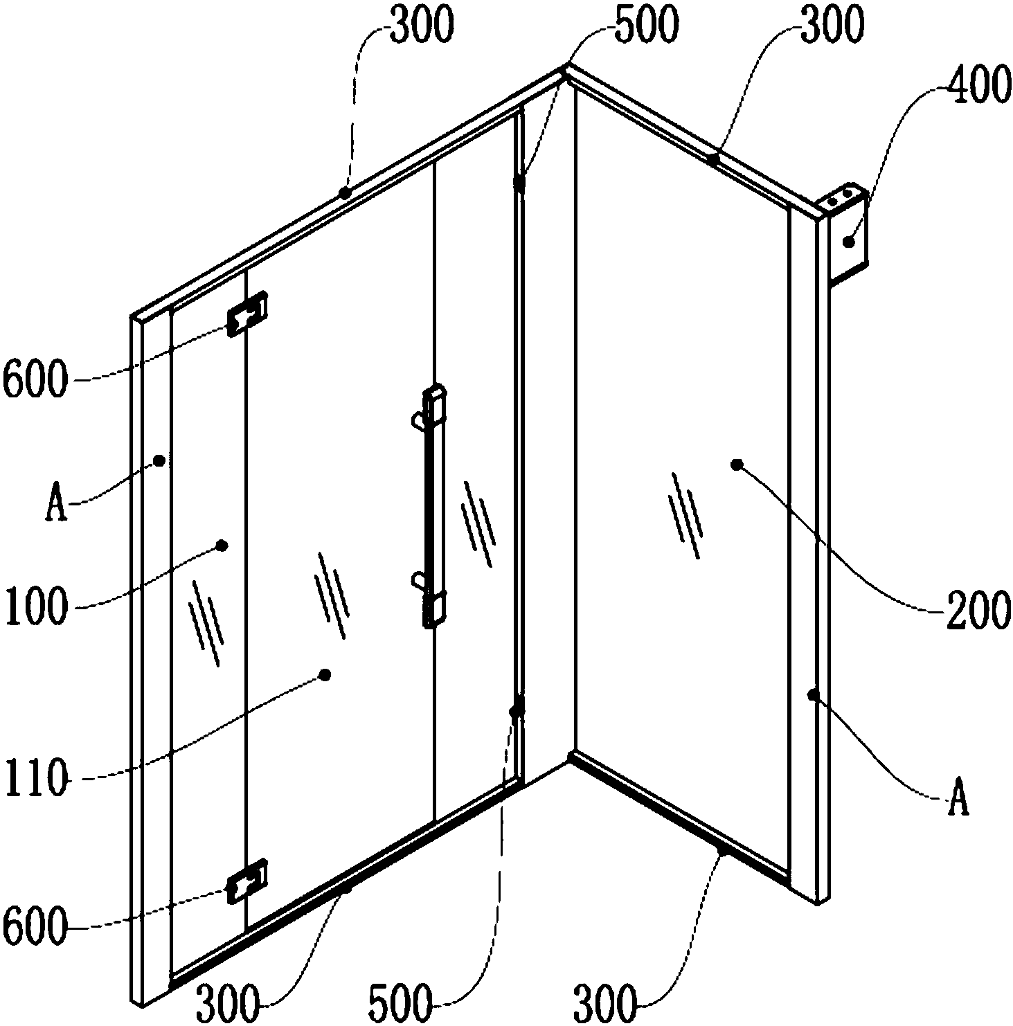 一种淋浴房,包括前立面和侧立面,所述前立面和侧立面相互固定,构成半