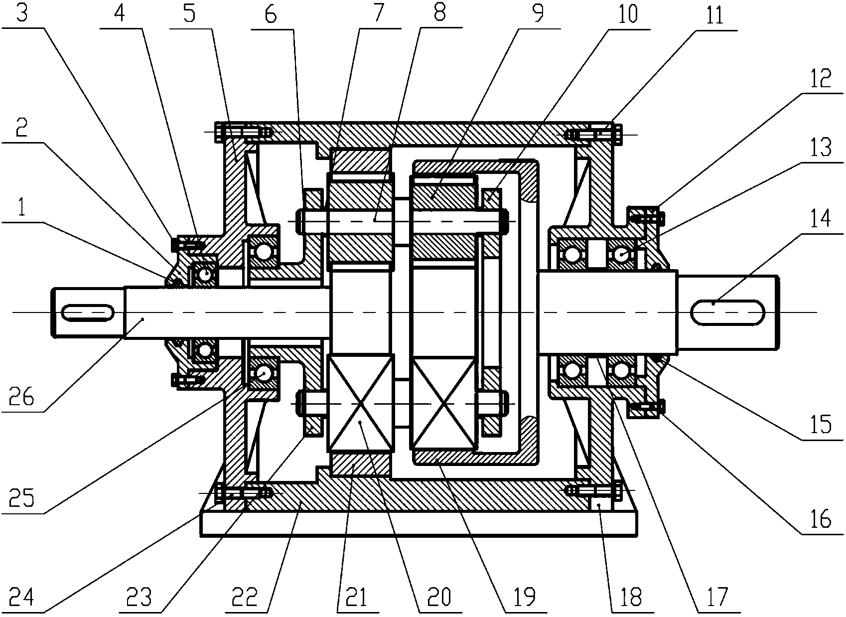 本實用新型提供一種用於電梯驅動大扭矩齒輪減速器,包括箱體(22),左蓋