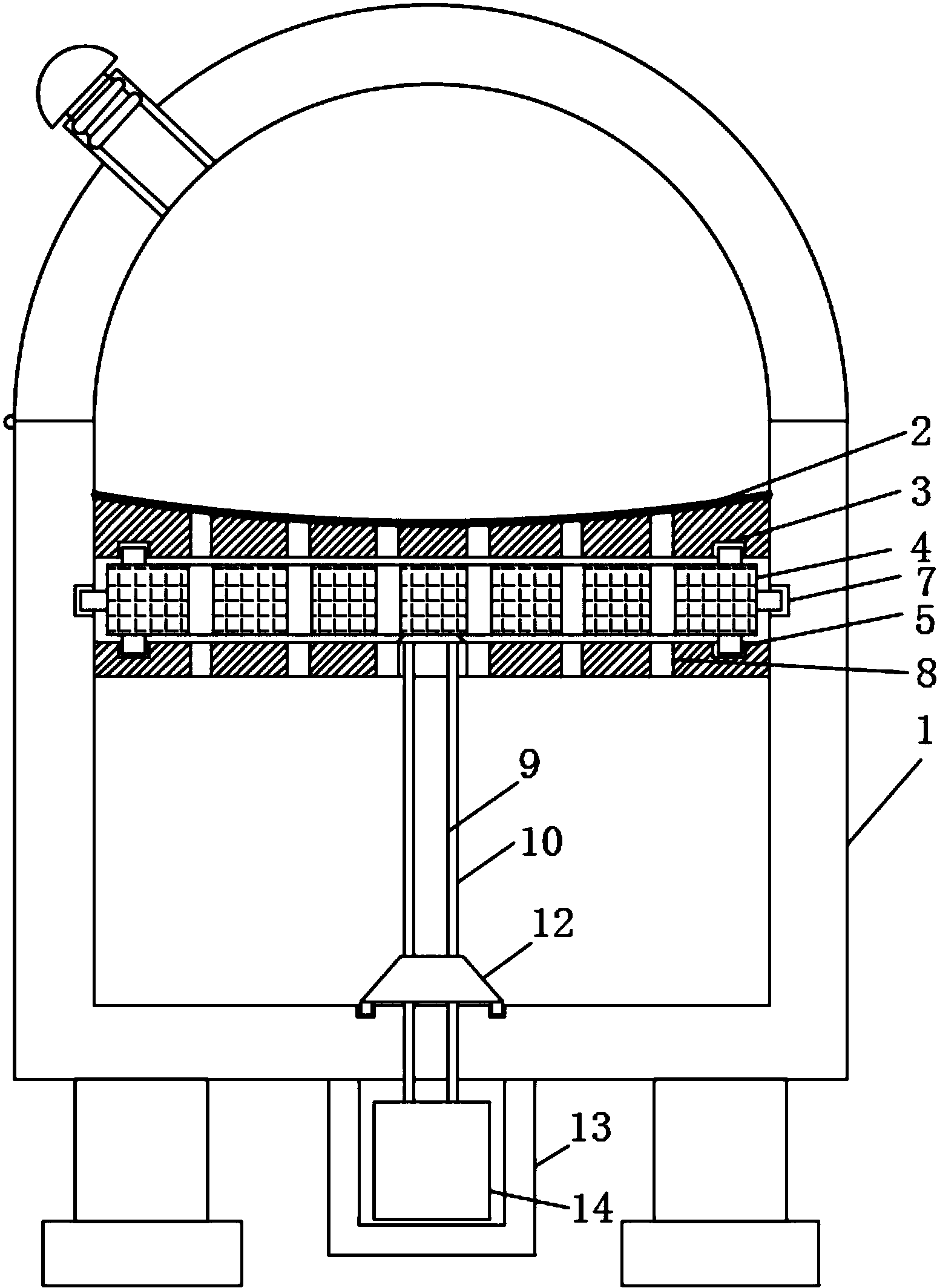 了一种电加热红丹炉,包括红丹炉本体,红丹炉本体呈内部中空的柱体结构