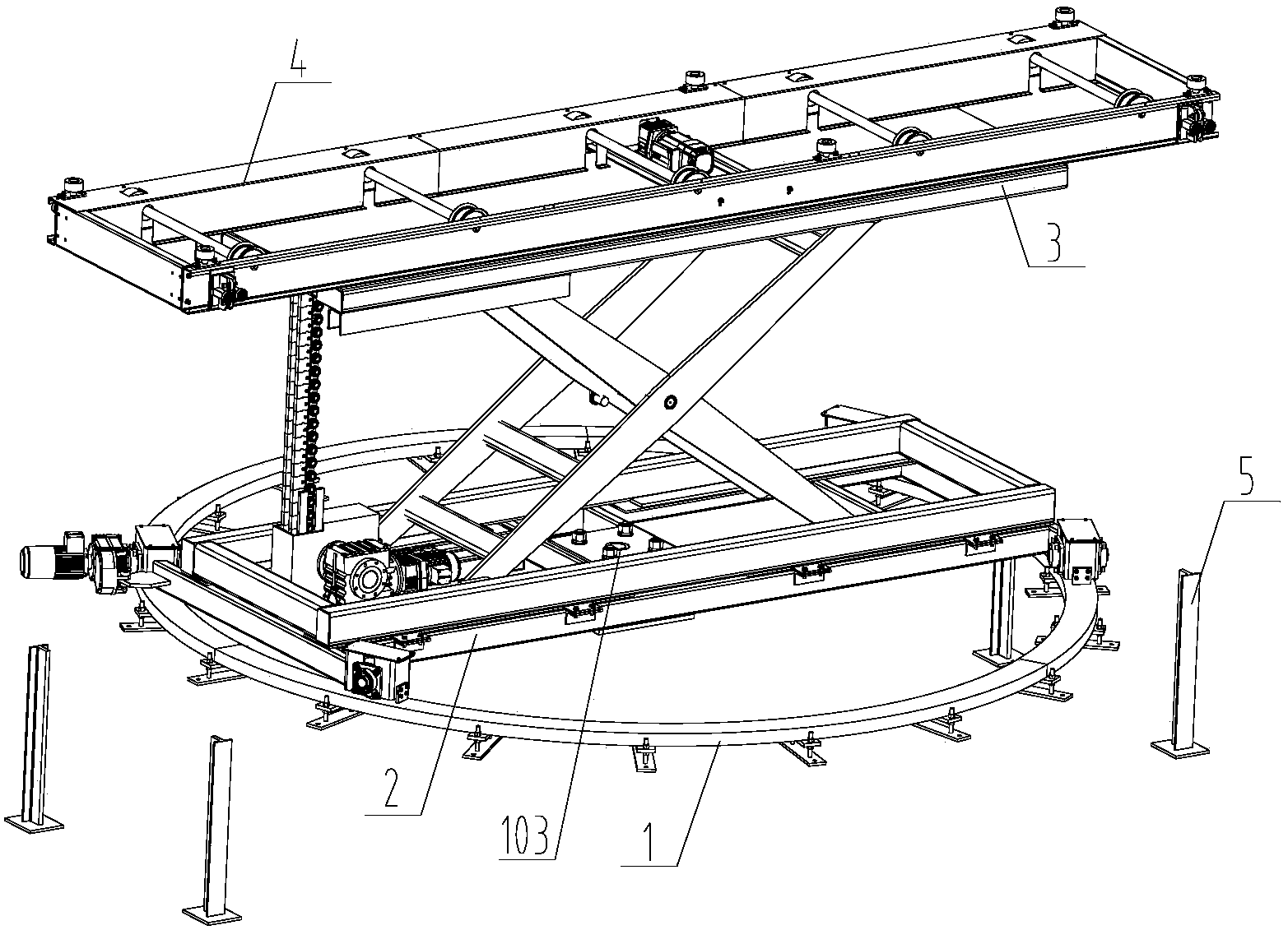 其包括中心回转轨道总成,旋转框架机构,刚性链升降台和动力滚床;所述