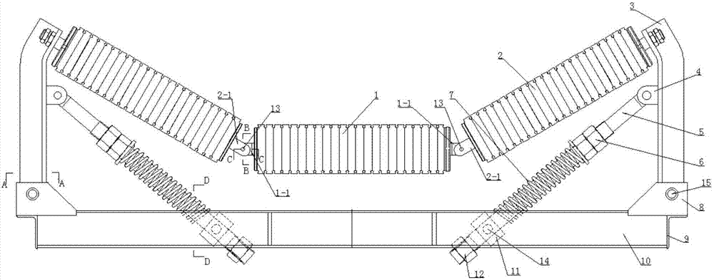 cn208413058u_一种垃圾处理用弹簧伸缩杆式缓冲托辊组有效