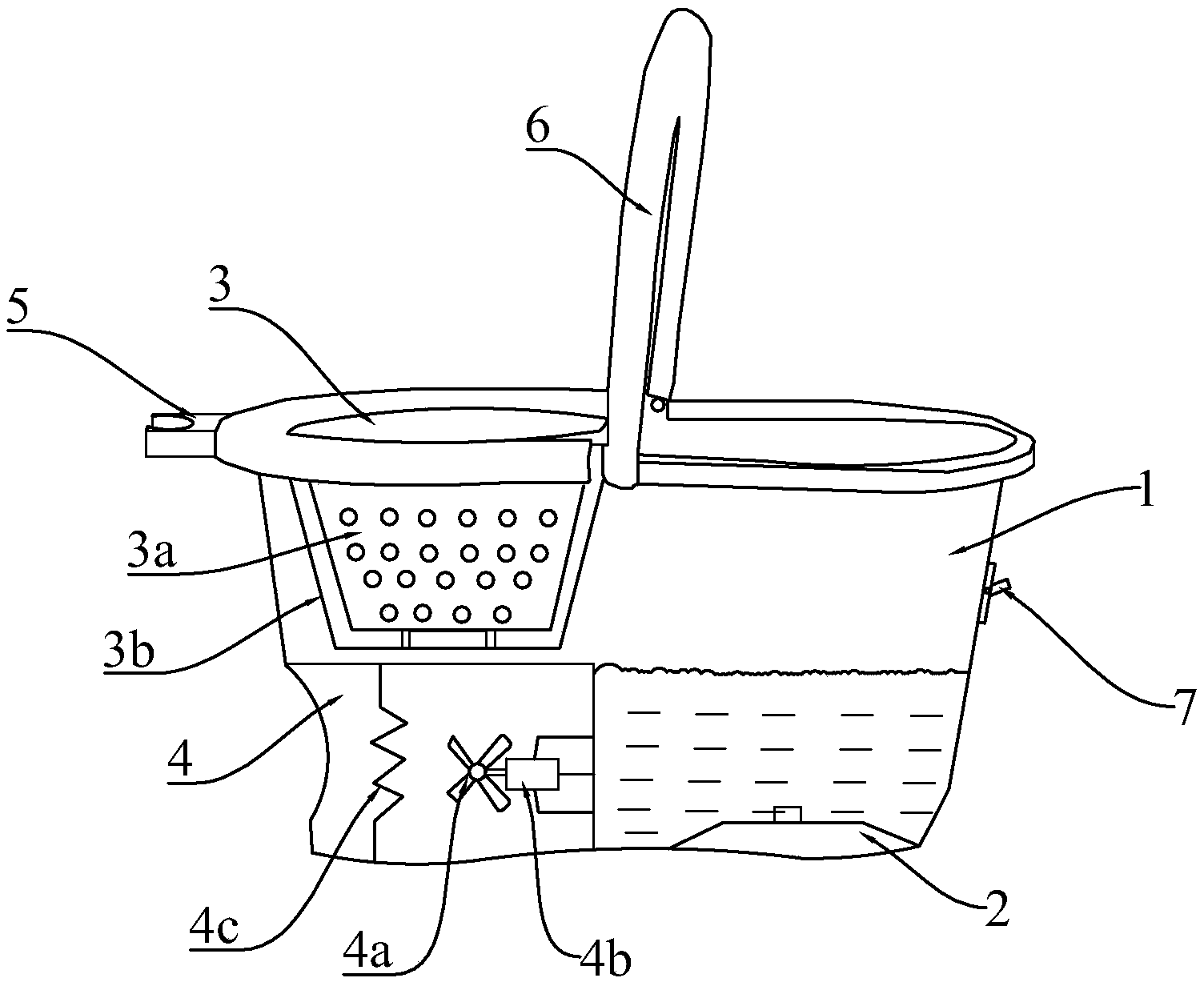 体,桶体的右侧底部设有可自由转动的旋转盘;桶体的左侧上方设有甩干区