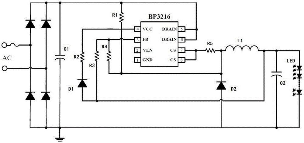 本實用新型公開了一種升壓電源,包括整流電路,濾波電路,led燈具和芯片