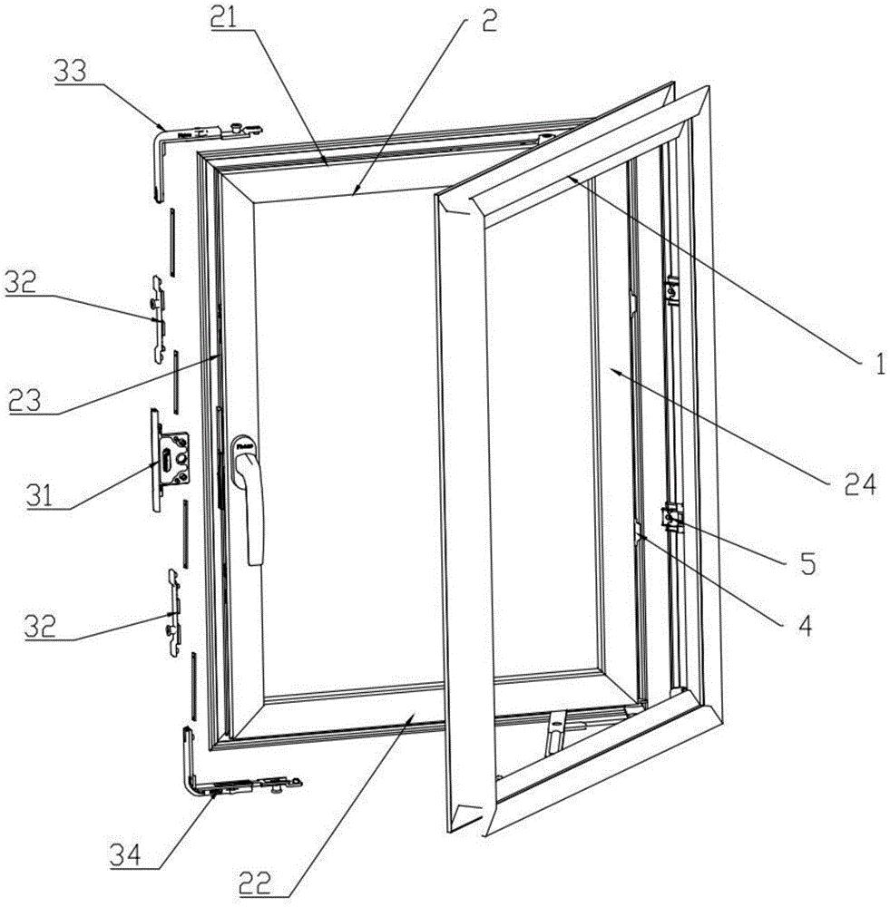 本实用新型提供一种四边锁闭的平开窗结构,包括窗框及窗扇,所述窗扇呈