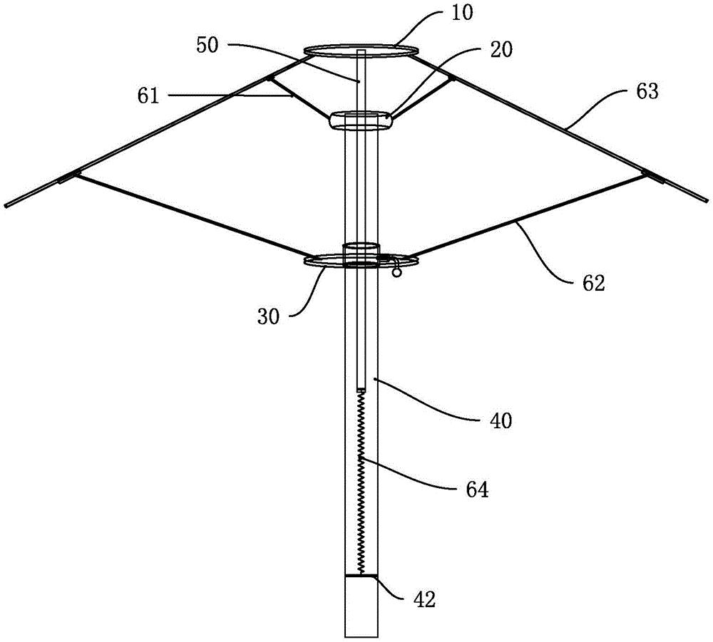 上伞盘,中伞盘,下伞盘,伞柄,升缩杆,拉簧,上支撑骨,下支撑骨和伞骨;伞