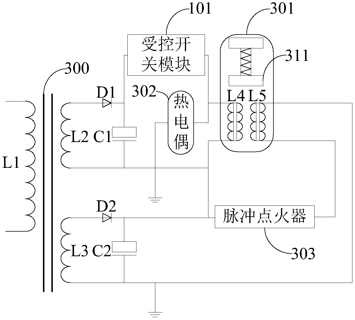 並通過第二副邊線圈為脈衝點火器供電,使用戶在旋轉集成灶煤氣閥控制