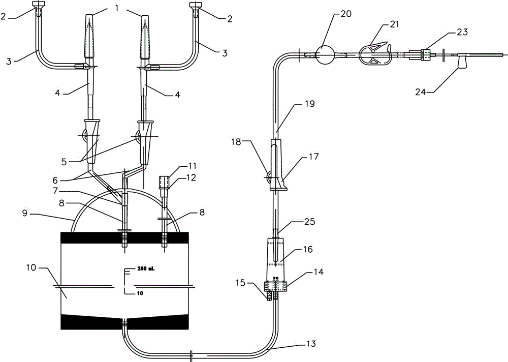 一种自动排气双插式精密过滤袋式输液器